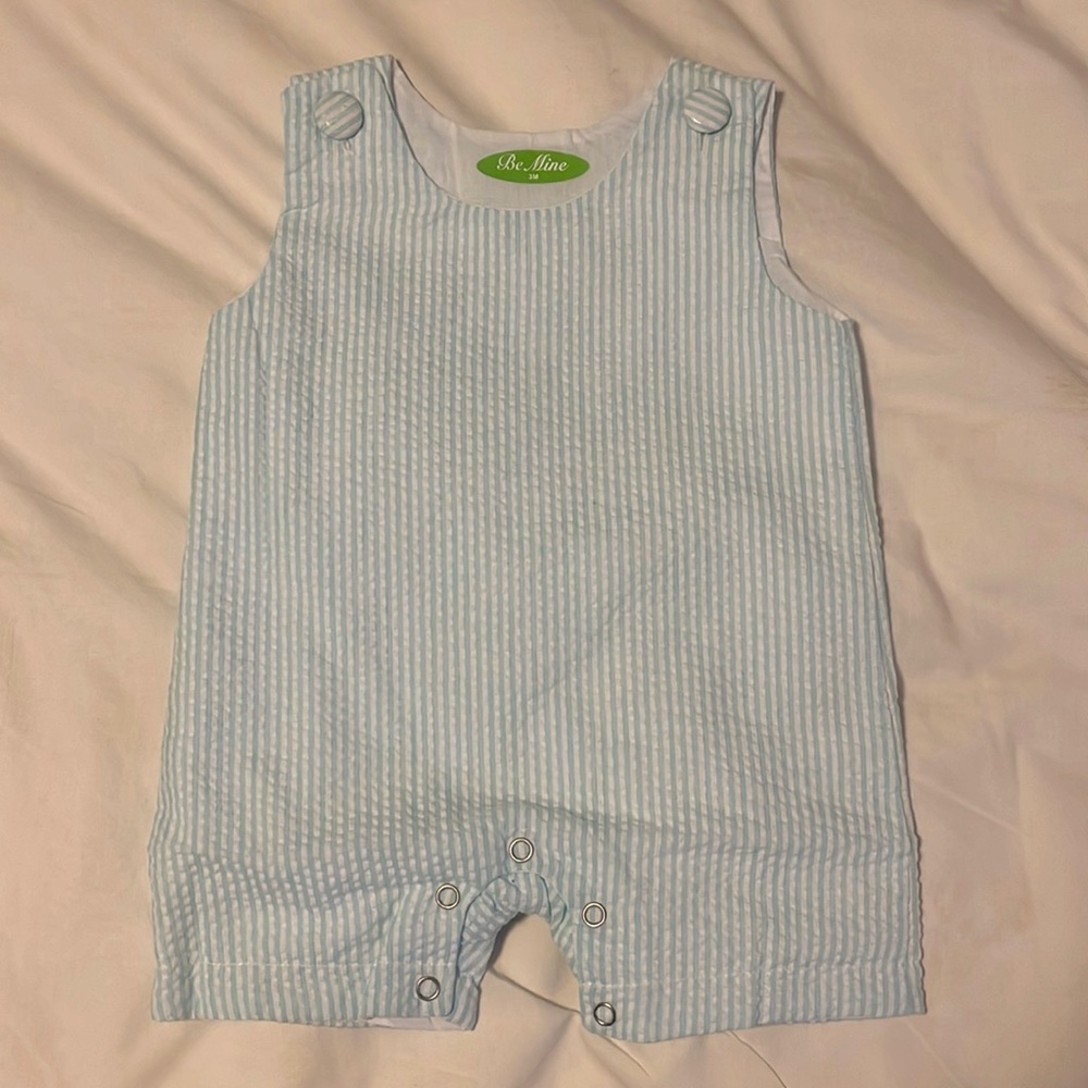 Be Mine Infant Aqua Seersucker Shortall